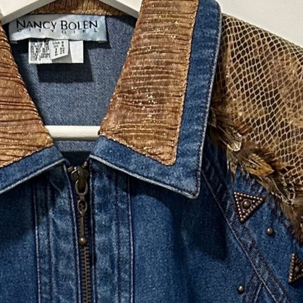 NANCY BOLEN “City Girl” Glamorized Southwest Zip Up Blue Jean Jacket Size 6